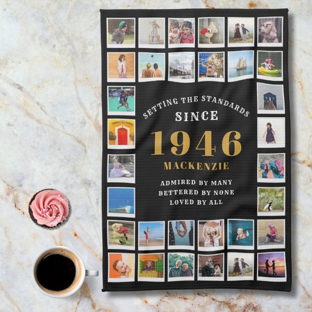 80th Birthday Family Memories Photo Collage  Kökshandduk (1946 kitchen towel. Marble background.)