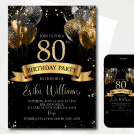 80th Birthday Invitation Template: Black Gold Ball Inbjudningar