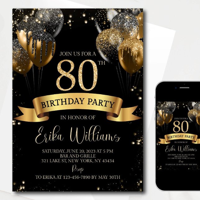 80th Birthday Invitation Template: Black Gold Ball Inbjudningar (Skapare uppladdad)