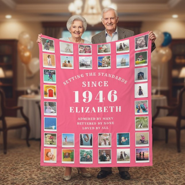 80th Birthday Mother Family Photo collage Pink Fleecefilt (Born 1946 pink fleece blanket with photos held by a an elderly couple)