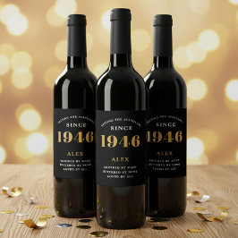 80th Birthday Name 1946 Black Gold Elegant Chic Vinflaska Etikett