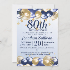 80th Birthday Navy Gold Balloons Party Inbjudningar