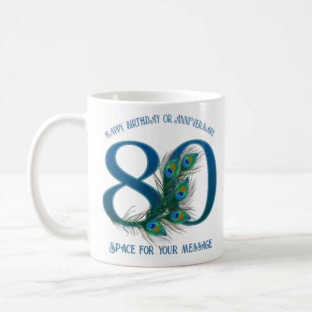 80th Birthday Or Anniversary Peacock Feather Kaffemugg (Vänster)