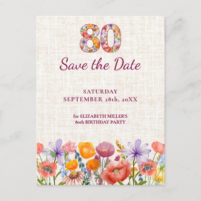 80th Birthday Party - Elegant Save the Date Meddelande Vykort (Framsida)