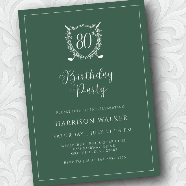 80th Birthday Party Golf Crest Elegant Script Sage Inbjudningar (Script font adds just the right touch of elegance.)