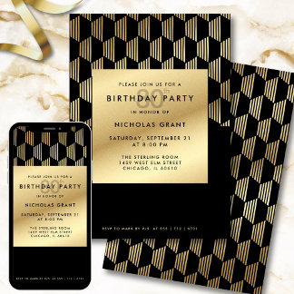 80th Birthday Party Modern Black and Gold Foil Inbjudningar