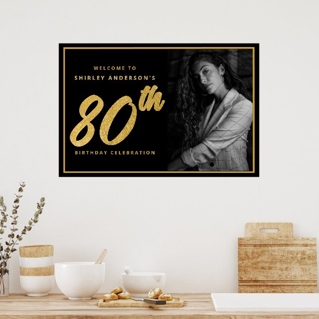 80th Birthday Photo Black Faux Gold Leaf Elegant  Poster (Kök)