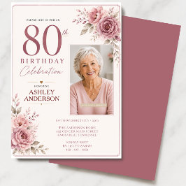 80th Birthday Photo Floral Dusty Pink Inbjudningar