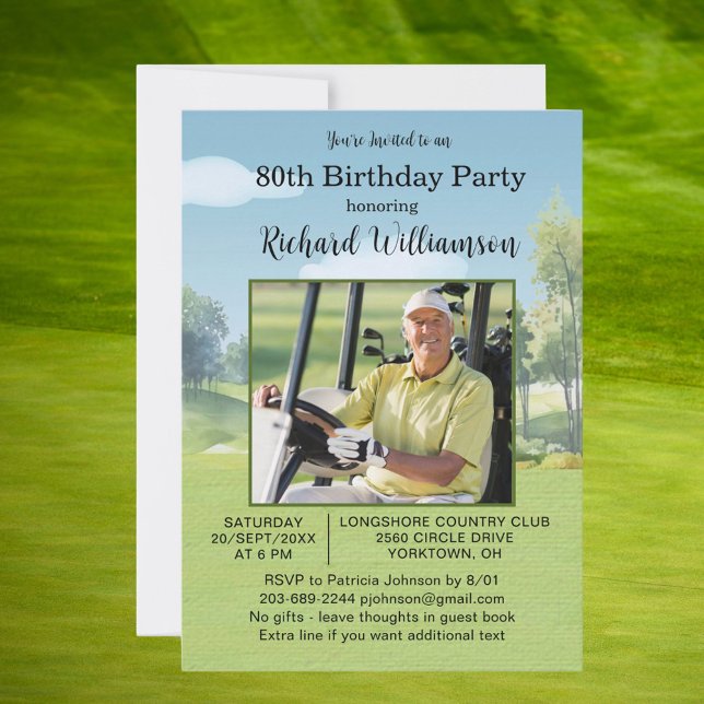 80th Birthday Photo Watercolor Golf Theme Inbjudningar (Skapare uppladdad)