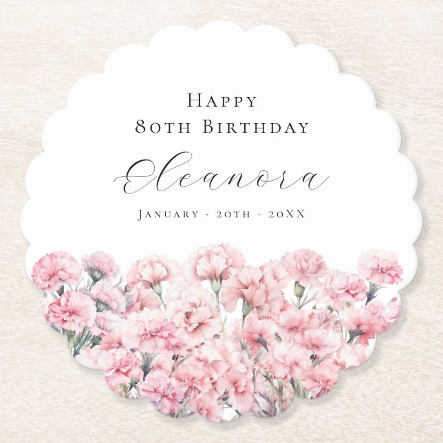 80th Birthday Pink Carnation January Birth Flower Underlägg Papper (Framsida)