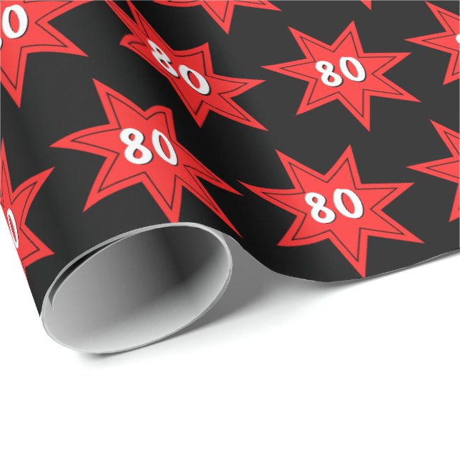 80th Birthday Red Star   Presentpapper (Rullad Hörn)