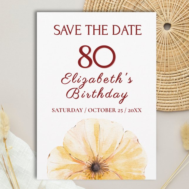 80th Birthday Yellow Flower, Elegant Save the Date (Skapare uppladdad)