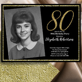 80th Custom Photo Black and Gold  Inbjudningar