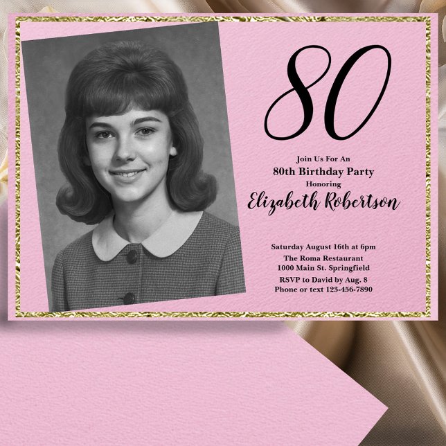 80th Custom Photo Pink and Gold  Inbjudningar (Skapare uppladdad)