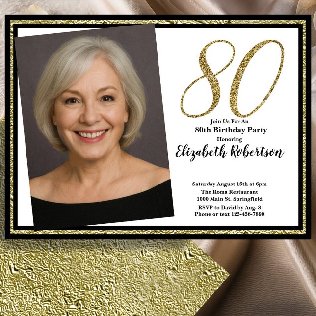 80th Custom Photo White Black and Gold  Inbjudningar (Skapare uppladdad)