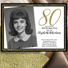 80th Custom Photo White Black and Gold  Inbjudningar