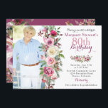 80th födelsedag för purpurfärgat rosa rosfoto inbjudningar<br><div class="desc">Inbjudan för födelsedag för foto för blommigt 80th för purpurfärgad och rosa chic vattenfärg rosa. Denna kvinna för lilor och för rosa ros vuxna inbjudan för födelsedagen för foto är en bra som är prima för en sommarfödelsedag eller en nedgång-/höstfödelsedag (kunde också fungera för en vår eller övervintra födelsedag som...</div>