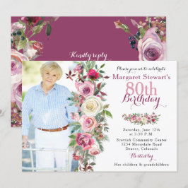 80th födelsedag för purpurfärgat rosa rosfoto inbjudningar