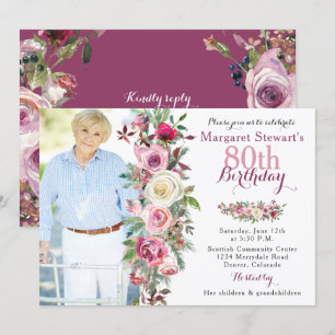 80th födelsedag för purpurfärgat rosa rosfoto inbjudningar