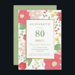 80th Födelsedaginbjudan - nätt blom- åttionde Inbjudningar<br><div class="desc">Eleganten och den flott 80th födelsedagfirandeinbjudan kan skräddarsy för ditt speciella tillfälle. Det presenterar en illustrerad cheery blom- gräns av färgrika vanlig hortensia och tulpan såväl som brytningar för en guld- ram och guld. Den bakgrundsfärgen och texten kan ändras till din böjelse. En perfekt inbjudan för en vuxen milstolpefödelsedag.</div>