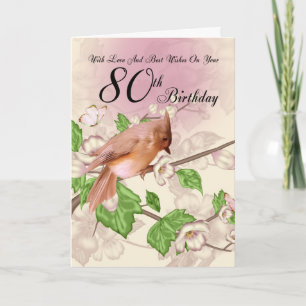 80th Födelsedagkort med fågeln och blommar Kort