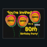 80th ÖVERRRAKNINGfödelsedagsfest inbjudanmall Inbjudningar<br><div class="desc">Denna design med dess festliga ballonger och dess djärva och färgrika bokstäver är en roligt långt som inviterar folks till ett ÖVERRRAKNINGfödelsedagfirande. Text på baksida av inbjudan är totalt anpassadet - på bekläda kan du tillfoga födelsedagåret och födelsedaggästens namn. Du kan experimentera med olika pappra typer, genom att klicka på...</div>