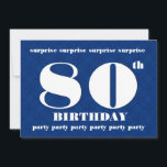 80th SURPRISE Modern Blue and White Birthday W083 Inbjudningar<br><div class="desc">Den här contemporaryn är utformad med sitt stora och feta bokstäver och är en roligt till inbjudan till en SURPRISE-födelsedagsfest. Du kan experimentera med olika papprare typer genom att klicka på fliken "Inbjudningsalternativ" i det övre högerna. Den metalliska pappra med ishud skulle göra att du bjöd in en festive shimmer...</div>