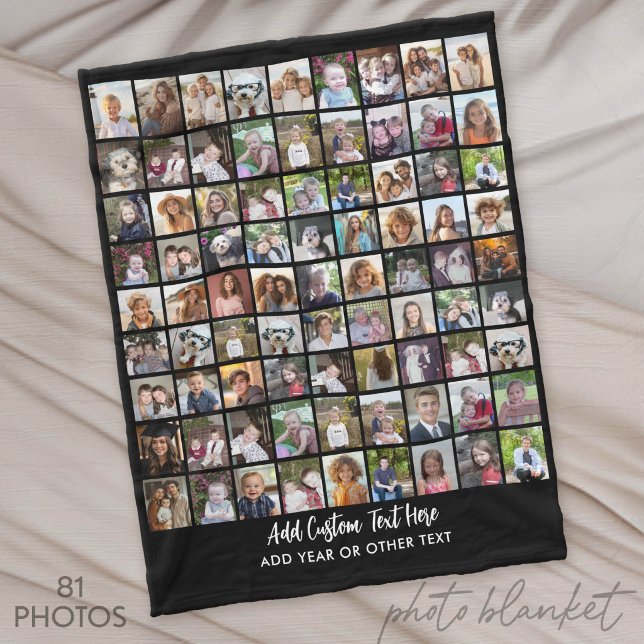 81 Fotokollage Grid med text - svart Fleecefilt (Custom Photo Blankets)