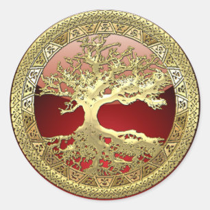 [81] Golden Celtic Livets träd [3D] Runt Klistermärke