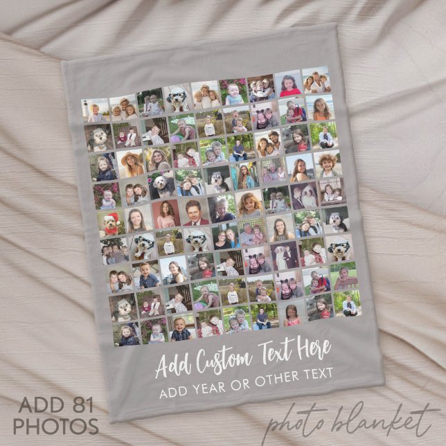 81 Photo Collage Grid with Text - grey Fleecefilt (Custom Fleece Blanket with Photo Collage)