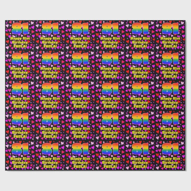 81st Birthday: Loving Hearts Pattern, Rainbow # 81 Presentpapper (Platt)