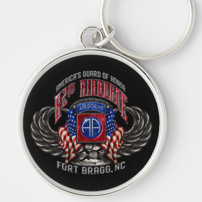 82:a Airborne Fort Bragg Rund Silverfärgad Nyckelring (Framsidan)