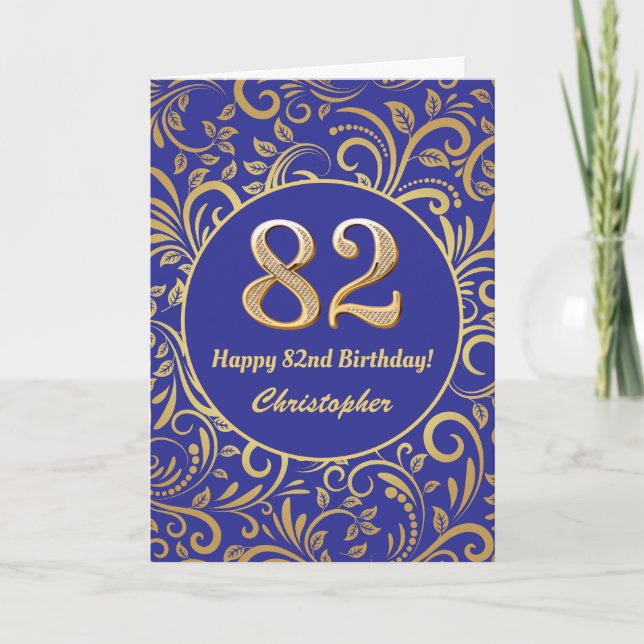 82:a födelsedag Blommönstret Blue och Guld Kort (Framsida)