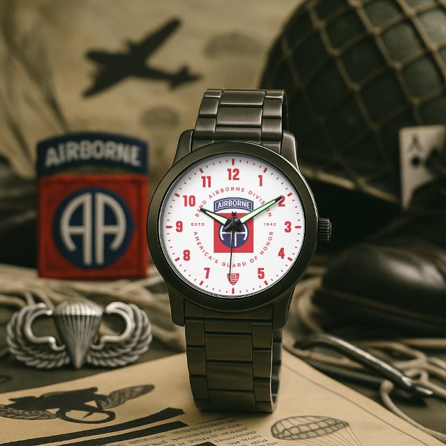 82nd Airborne Division Tribute Stainless Steel Armbandsur (82nd Airborne Division "America's Guard of Honor" Veteran Tribute Black Stainless Steel Watch)