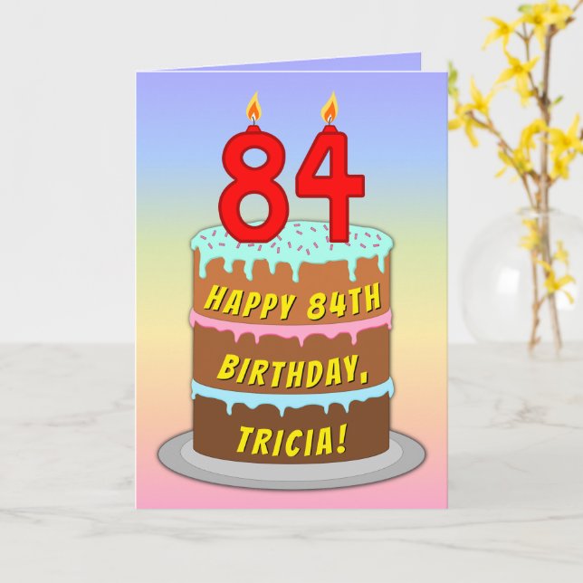 84:e födelsedagen - Roligt Cake & Candles, med ege Kort (Gul blomma)