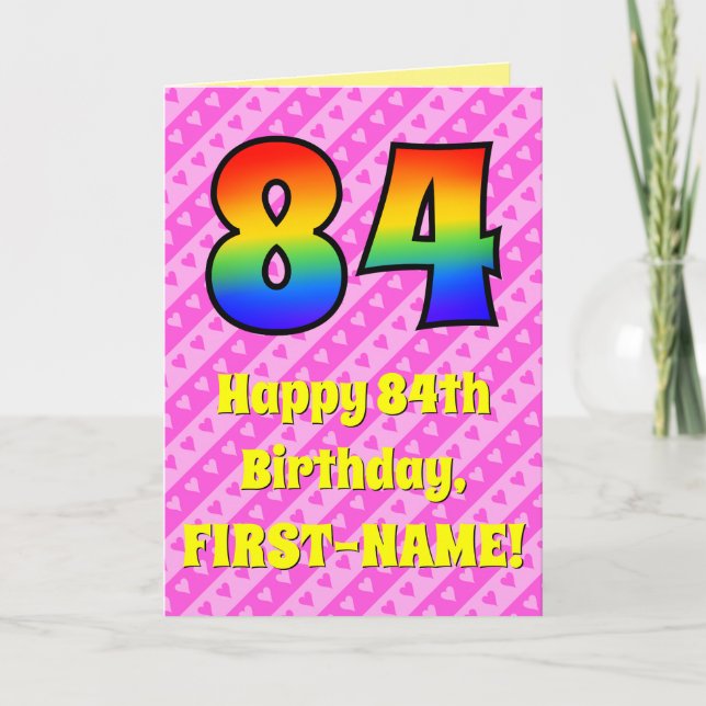 84:e födelsedagen: Rosa Rand & Hearts, regnbåge nr Kort (Framsida)