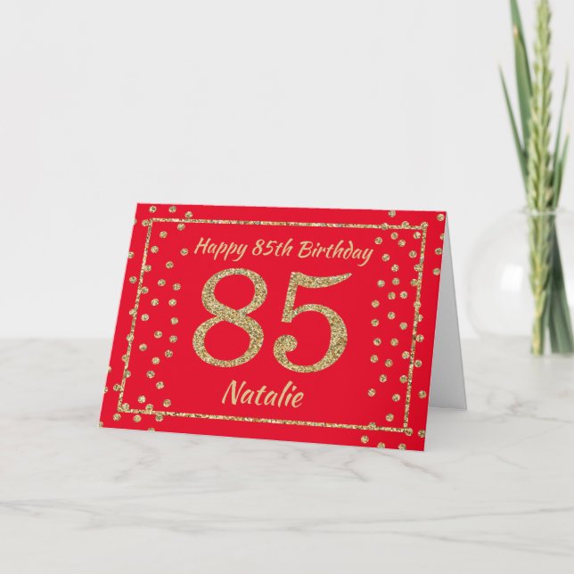 85-års födelsedags röd och guld glitterkonfettikor kort (Framsida)