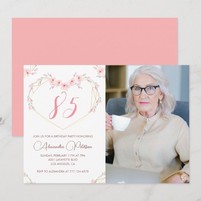 85-års födelsedagsinbjudningar Boho Blommig Foto Inbjudningar (Fram/baksida)
