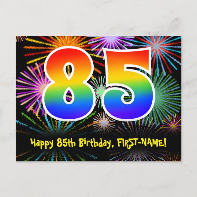 85-årsdag – Roligt fyrverkerimönster + regnbåge 85 Vykort (Framsida)