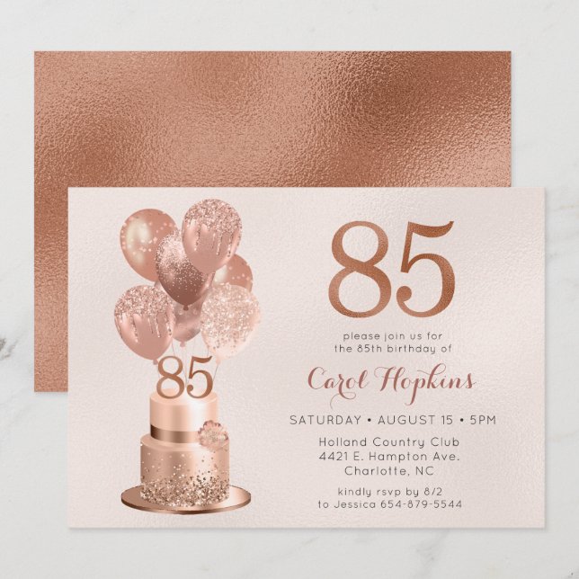 85-årsdag Rose Guld Tårta Inbjudningar (Fram/baksida)