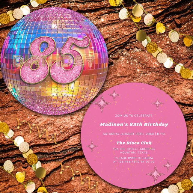 85-årsfest Guld Rosa Glitter Diskokula Inbjudningar (Skapare uppladdad)