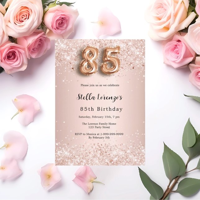 85-årsfirande rosa guld konfetti inbjudningar (Skapare uppladdad)