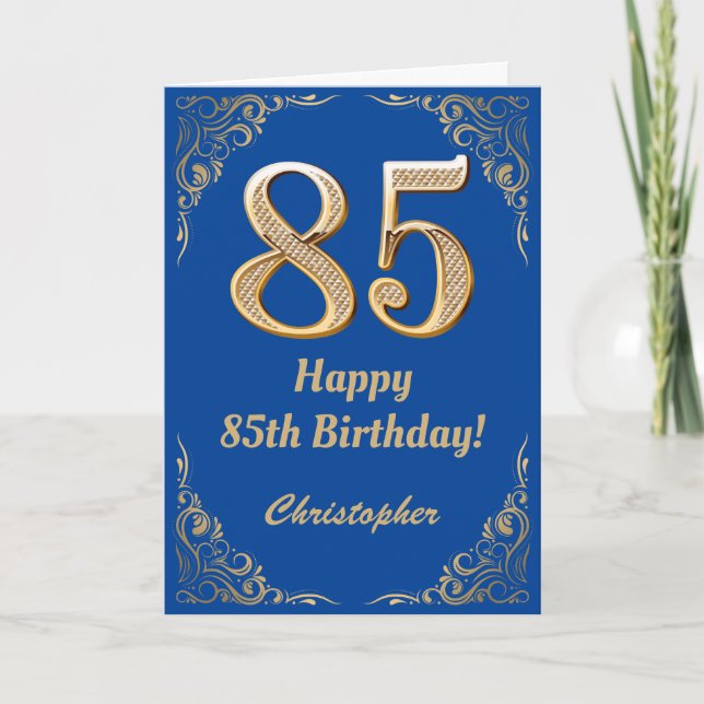 85:e födelsedag Blått och Guld Glitter Ram Kort (Framsida)