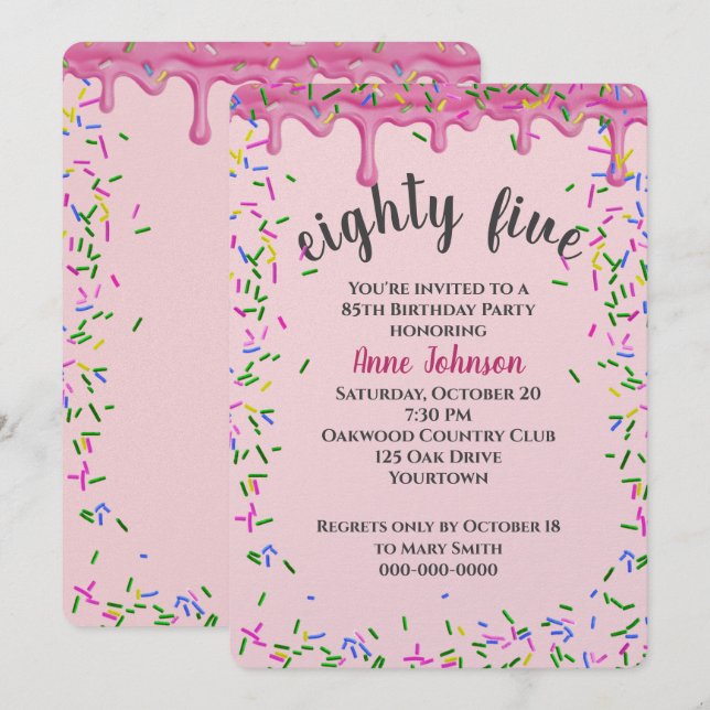 85:e födelsedagens Rosa och sprinkler Inbjudningar (Fram/baksida)