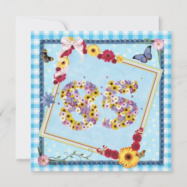 85:e Födelsedagsfest inbjudan-blommor,fjärilar Inbjudningar (Framsida)