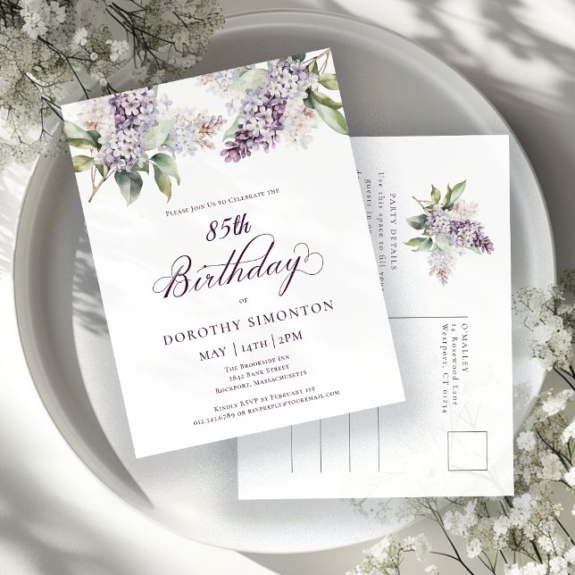 85:e Födelsedagsfesten Lila Vår Lilac Flower Inbjudan Vykort (Skapare uppladdad)