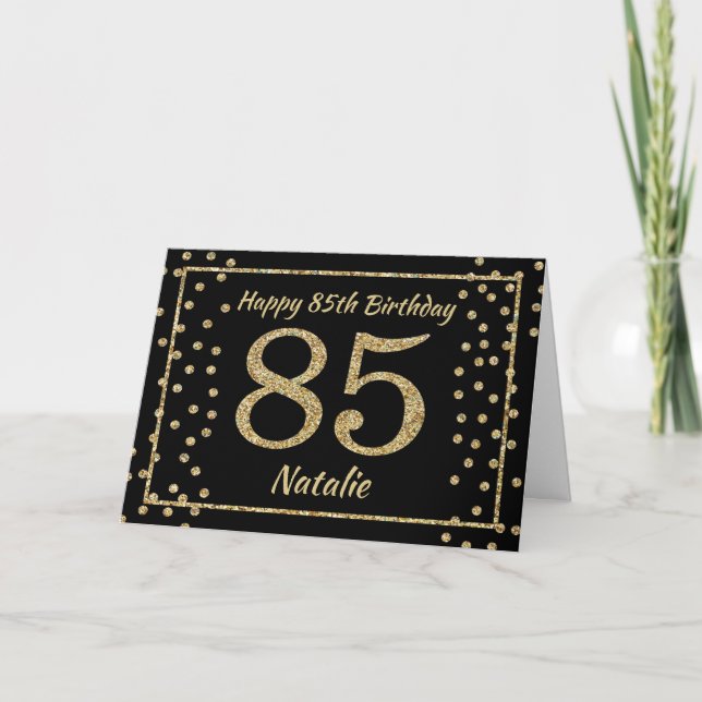 85:e födelsedagskortet Black and Guld Glitter Conf Kort (Framsida)
