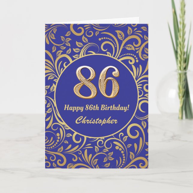 86:e födelsedag Blommönstret Blue och Guld Kort (Framsida)
