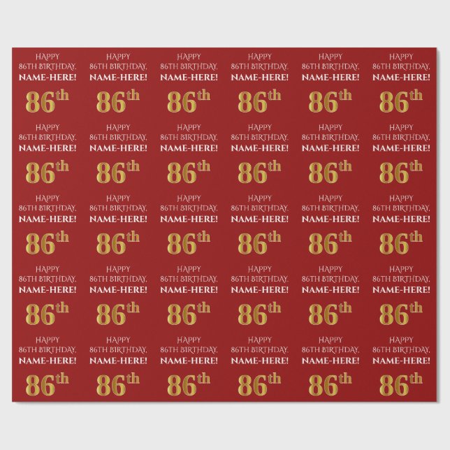 86:e födelsedag: Elegant, rött, Faux Guld-utseende Presentpapper (Platt)