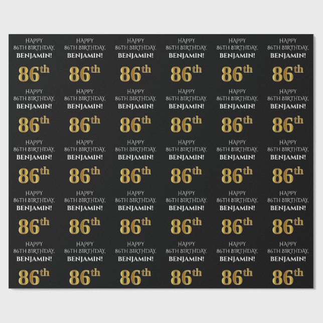 86:e födelsedag: Elegant, svart, faux Guld-utseend Presentpapper (Platt)
